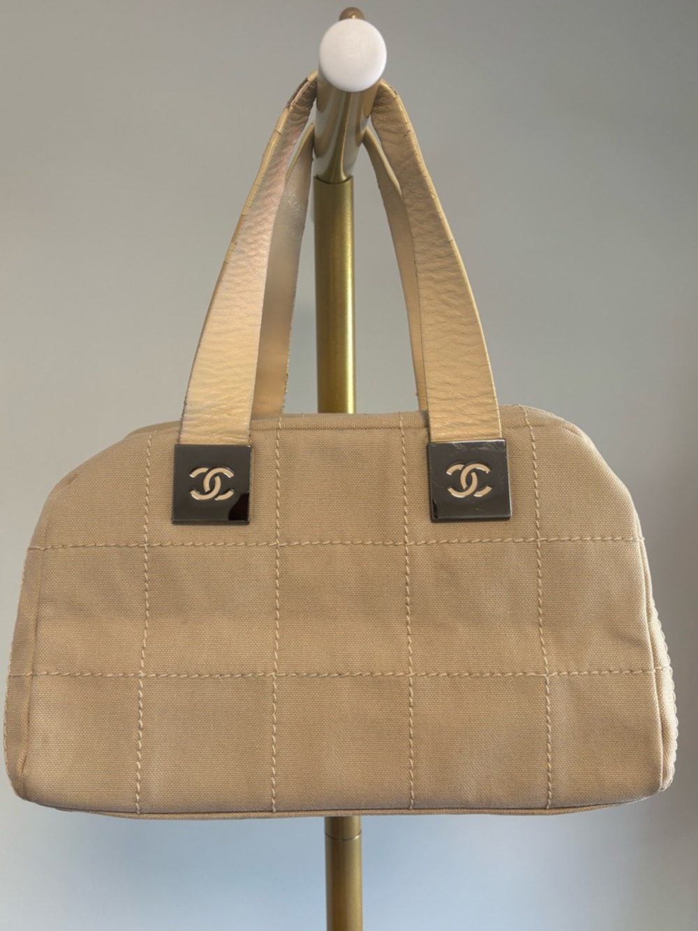 Chanel Quilted Canvas Chocolate Bar Mini Boston Bag Beige CC Logo Top Handle